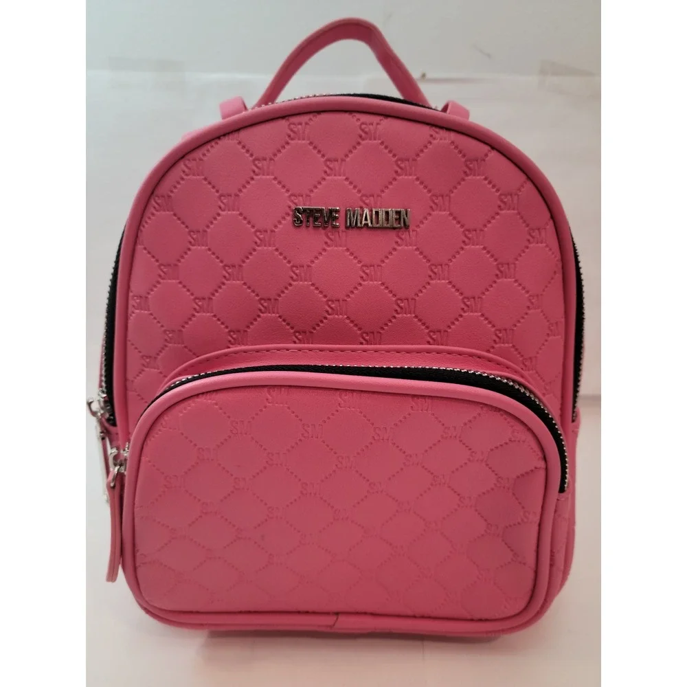 Steve‎ Madden Mini Backpack Women Pink Quilted Monogram Logo Embossed Small Bag